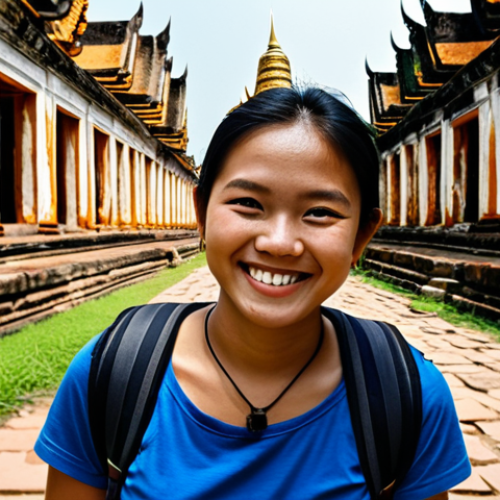 **

*   Subject: A Thai female backpacker, fully clothed in modest travel attire, smiling confidently.
*   Environment: Exploring the ancient ruins of Ayutthaya, Thailand. Golden temples and crumbling brick structures in the background.
*   Details: Natural light, professional photography, perfect anatomy, correct proportions, family-friendly, appropriate content.

**