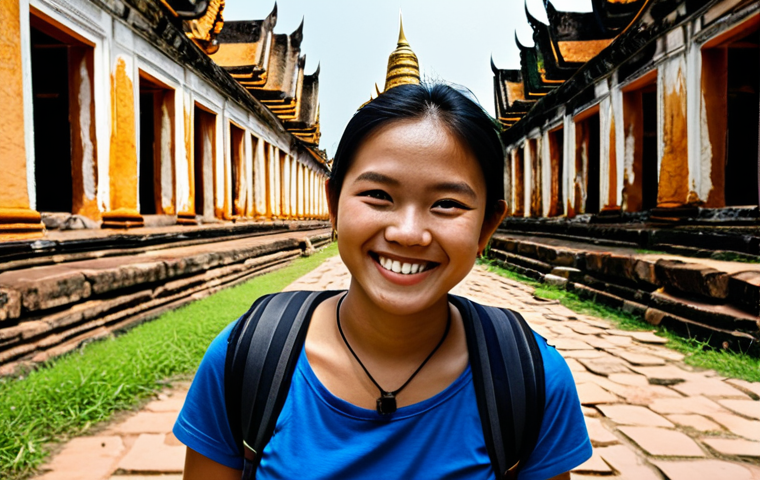 **

*   Subject: A Thai female backpacker, fully clothed in modest travel attire, smiling confidently.
*   Environment: Exploring the ancient ruins of Ayutthaya, Thailand. Golden temples and crumbling brick structures in the background.
*   Details: Natural light, professional photography, perfect anatomy, correct proportions, family-friendly, appropriate content.

**